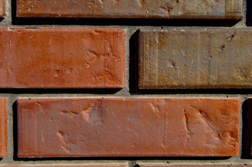 Red Brick wall was assembled with a cement and manpower - close up photo. Background picture.