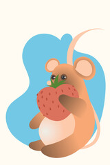 Cute childish illustration of a mouse with a strawberry. Vector graphics. Children's illustration