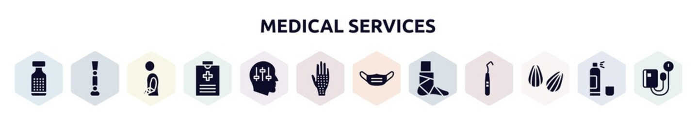 medical services filled icons set. glyph icons such as homeopathy, prosthesis, injury, medical record, manipulation, allergic, dentist mask, broken leg, almond icon.