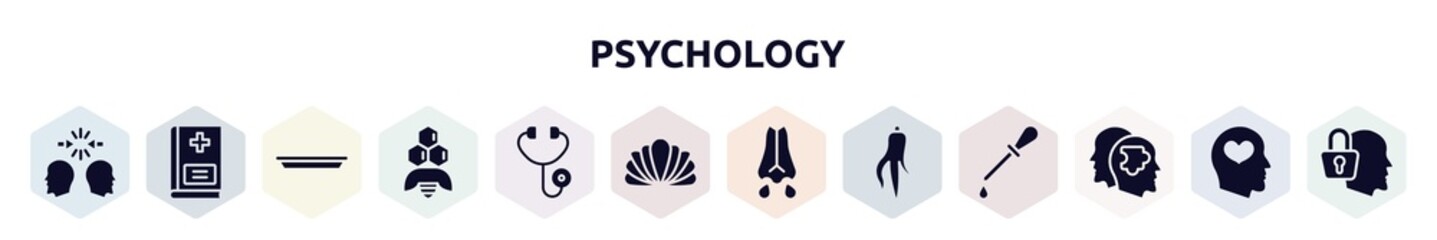 psychology filled icons set. glyph icons such as conflict, vademecum, surgical tray, apitherapy, diage, mollusc, mucus, ginseng, psychologist icon.