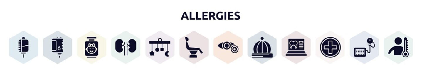 allergies filled icons set. glyph icons such as drop counter, blood bag, baby food, kidney, crib mobile, dentist chair, ophthalmology, baby hat, red cross icon.