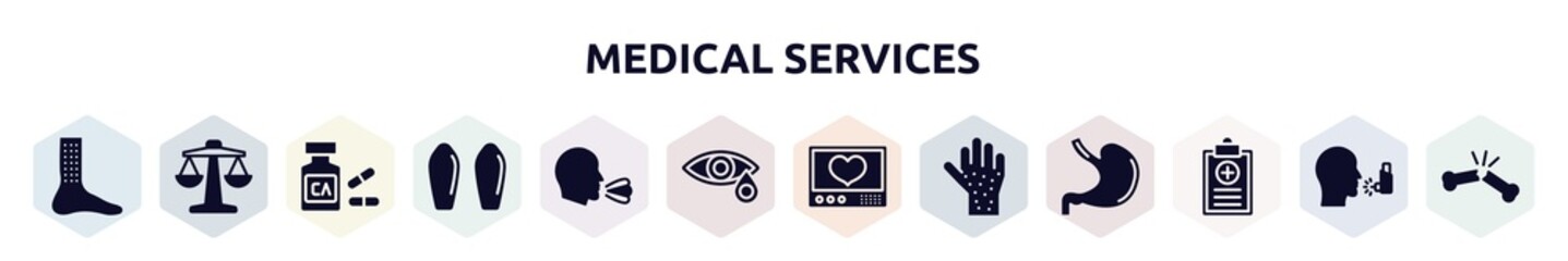 medical services filled icons set. glyph icons such as urticaria, weigh scale, calcium, suppositories, sneeze, conjunctivitis, heart rate monitor, rash, health report icon.