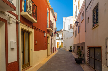 Colorful buildings and narrow streets in the historic center of the Mediterranean town of Calpe, Spain
