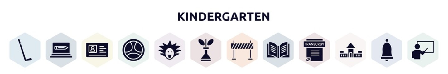 kindergarten filled icons set. glyph icons such as hockey stick, online education, driving license, driving, einstein, biological, traffic barrier, yearbook, fort icon. - obrazy, fototapety, plakaty