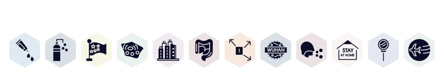 filled icons set. glyph icons such as gel, disinfectant, china, cell, city, intestine, spread, wuhan, stay home icon.