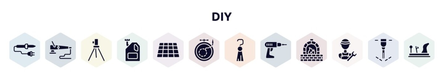 diy filled icons set. glyph icons such as soldering iron, polisher, geodetic, engine oil, tiles, embroidery, tassel, hand drill, plumber icon.