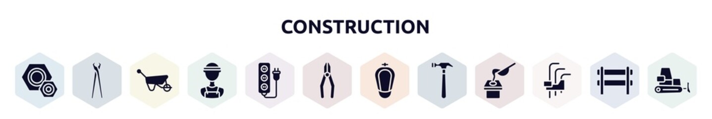 construction filled icons set. glyph icons such as knot, pincers, barrow, electrician service, extension cord, crimping pliers, urinal, hammering, hex key icon.