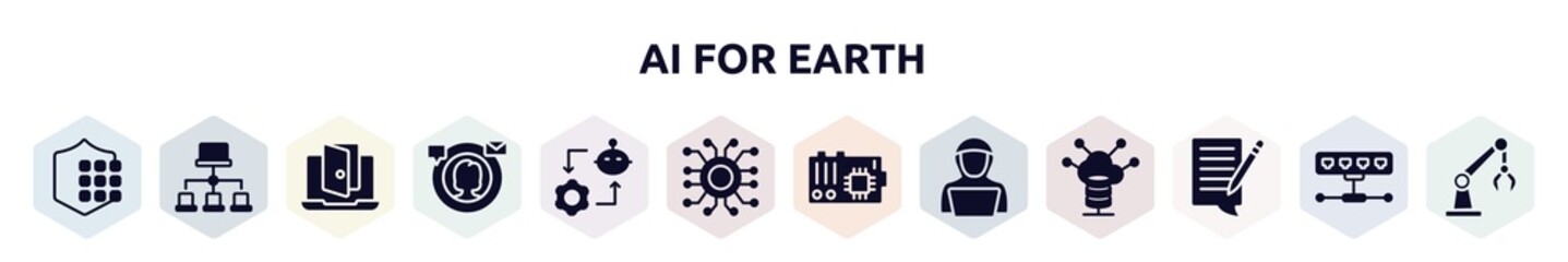 ai for earth filled icons set. glyph icons such as passkey, site map, backdoor, digital campaign, synchronizing, nanotech, mainboard, hack, blogging icon.