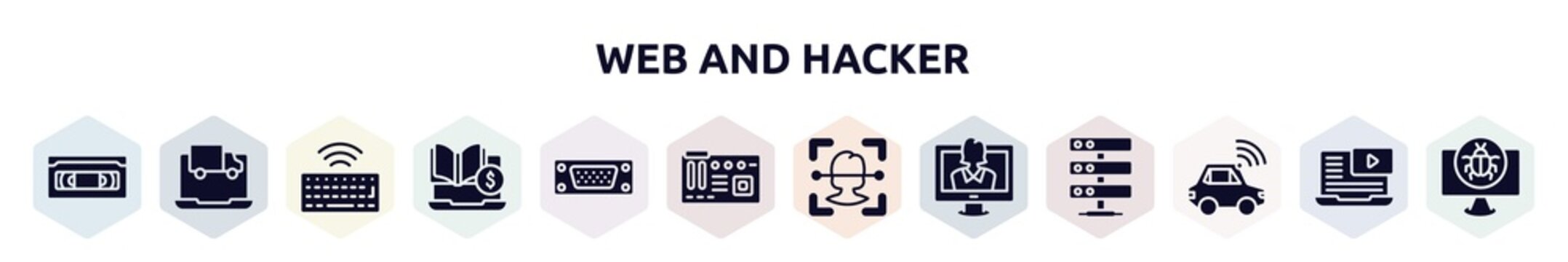 Web And Hacker Filled Icons Set. Glyph Icons Such As Vhs, Online Tracking, Wireless Keyboard, Tuition, Port, Motherboard, Face Recognition, Talk Show, Autonomous Car Icon.