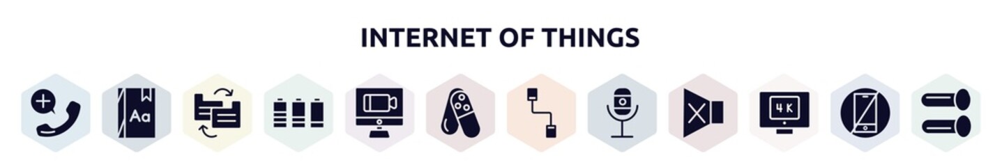 internet of things filled icons set. glyph icons such as emergency call, dictionary, file transfer, battery level, videocall, tablets, communicator, recorder, 4k icon.