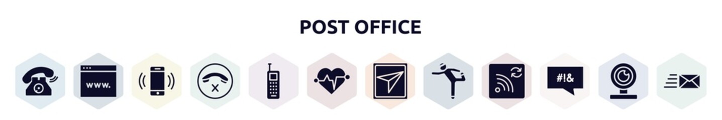 post office filled icons set. glyph icons such as old telephone ringing, browser window, smartphone call, hang up, vintage mobile phone, heart rate, send message, stretching, swear icon.