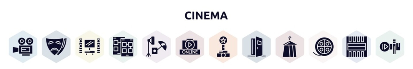 cinema filled icons set. glyph icons such as movie film, tragedy, home cinema, storyboard, studio, online movie, film award, doorway, movie reel icon.
