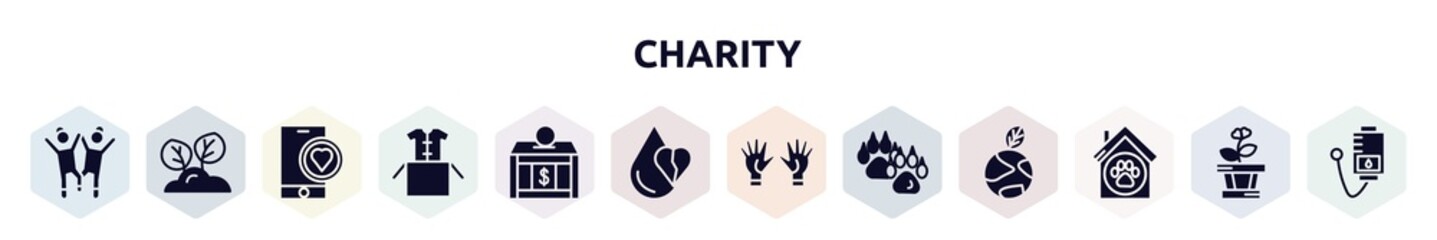 charity filled icons set. glyph icons such as happy kids, reforestation, charity app, clothes donation, donation box, heart drop, voluntary service, dog pawprint, animal shelter icon.