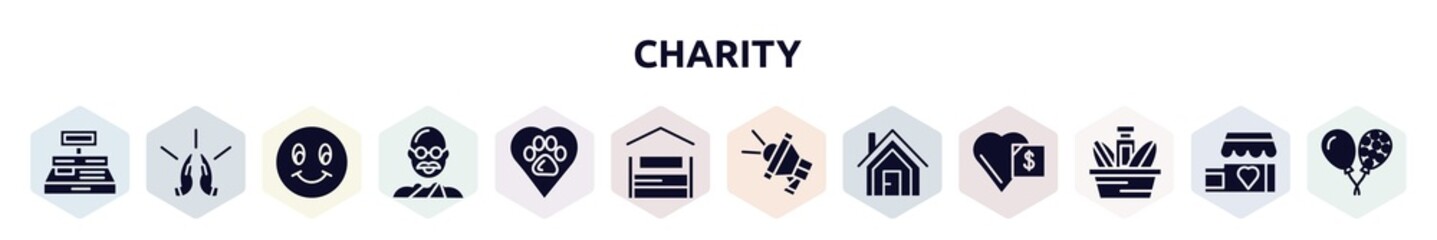 charity filled icons set. glyph icons such as cash box, praying, smiley face, , animal rights, shelter beds, loudspeaker, shelter, charity food icon.