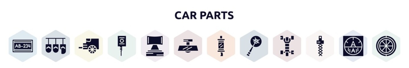 car parts filled icons set. glyph icons such as car numberplate, car pedal, tailpipe, ignition, headrest, rear-view mirror, silencer, crank, coil icon.