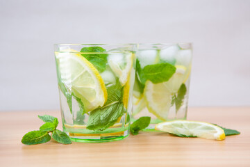 Refreshing summer mojito cocktail or lemonade drink with lemon, mint and ice ingredient