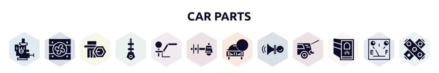 car parts filled icons set. glyph icons such as car choke, car fan, wheel nut, dipstick, towbar, sump, lock, horn, reversing light icon.