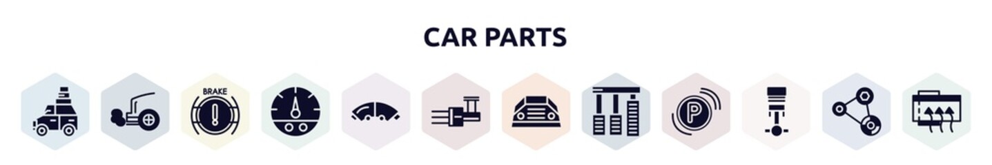 car parts filled icons set. glyph icons such as car luggage rack, car exhaust, brake light, fuel gauge, brake pad, distributor, parcel shelf, accelerator, piston icon.