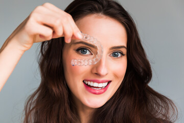 Young beautiful  woman holding dental aligner orthodontic to teeth correction with happy face near eyes