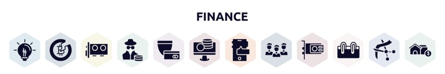 finance filled icons set. glyph icons such as idea bulb, halving, video card, anonymous, security payment, online money, smartphones, intuitive, attachment icon.