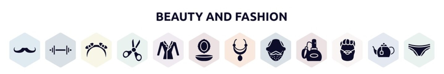 beauty and fashion filled icons set. glyph icons such as long hipster moustache, weightlift, headbands, children scissors, suit on hanger, powder and mirror, aztec necklace, face with stubble, man