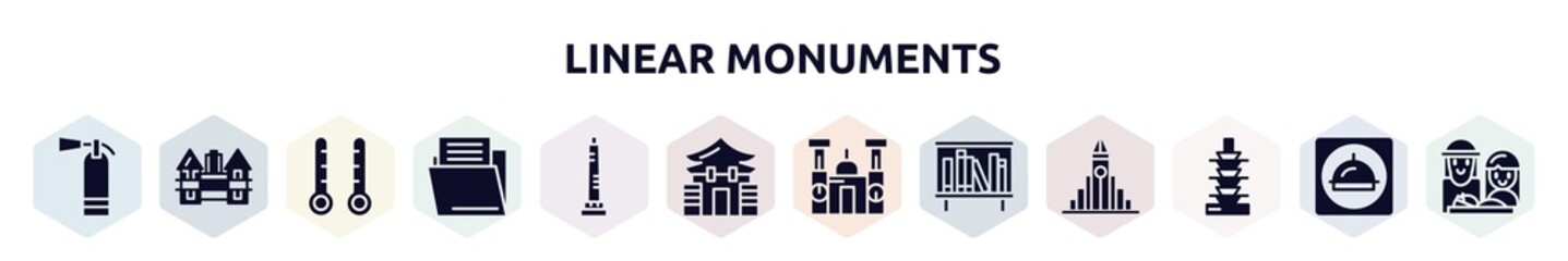 linear monuments filled icons set. glyph icons such as extinguishing, holstentor, thermometers, file folder, walled obelisk, memorial hall, cathedral of morelia, bookshelves, auspicious light