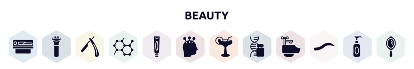 beauty filled icons set. glyph icons such as solarium, hair shaver, open razor, molecular, facial cream tube, acupuncture, martini glass with straw, gene, eyebrow icon.