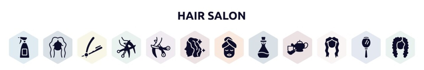 hair salon filled icons set. glyph icons such as hair salon spray bottle and can, woman hair cut, razor salon tool, haircut, scissors cutting treatment, face mask, essence, long female tincture,
