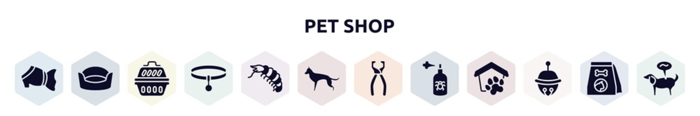 pet shop filled icons set. glyph icons such as pet dress, cat bed, portable kennel, collar, big shrimp, german shepherd, nail trimmer, spray, sleighbell icon.