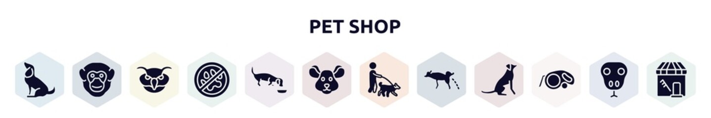 pet shop filled icons set. glyph icons such as sitting dog, chimpanzee head, owl head, no animals, dog eating, mouse head, dog walker, urinating, extending leads icon.