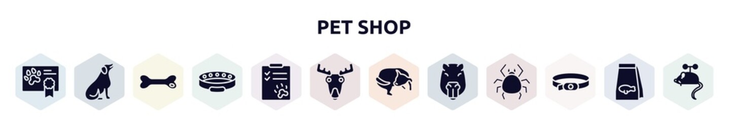 pet shop filled icons set. glyph icons such as health certificate, dog seating, dog toy, cat collar, dog health list, moose head, chasing tail, capybara head, collar icon.