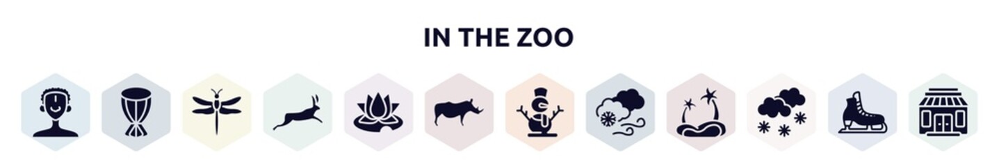 in the zoo filled icons set. glyph icons such as african man, african drum, dragonfly, hare, water lily, rhino, snowman, blizzard, snowy icon.