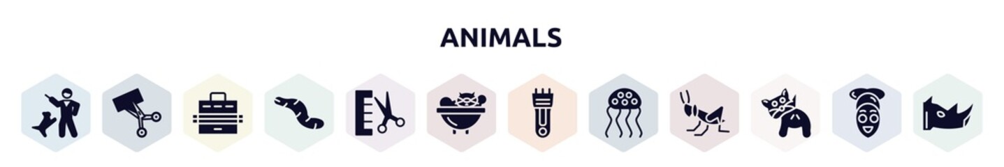 animals filled icons set. glyph icons such as dog training, trimming, pet carrier, worm, groomer, cat bath, hair clipper, jellyfish, anal gland expression icon.
