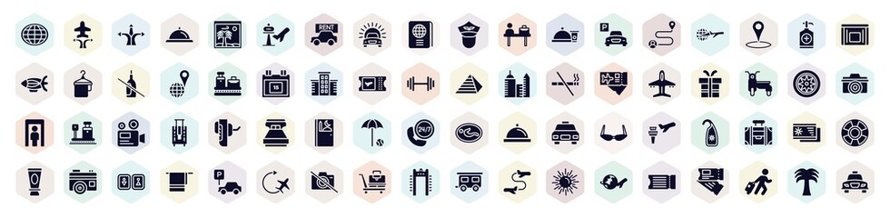 holidays filled icons set. glyph icons such as earth globe, directions arrows, car in front of the sun, parking hotel, baggage on conveyor band, birthday gift, prayer room, beach postcard, airport