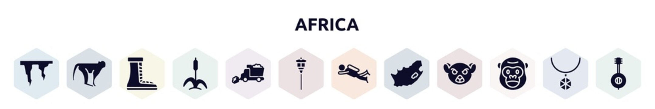 africa filled icons set. glyph icons such as icicle, monkeys, boot, cattail, snowplow, street light, diving, south africa, gorilla icon.