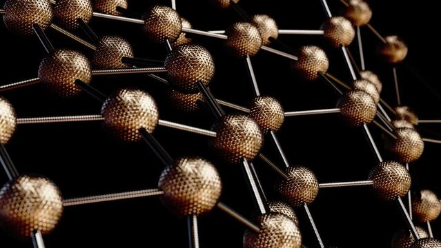 Realistic abstract looping DOF camera 3D animation of the moving golden metallic carbon fiber wireframe plexus pattern rendered in UHD with alpha matte