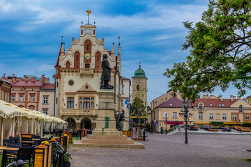 The municipal market in Rzeszów - Poland. Church of St. Adalbert and St. Stanislaus and city streets of Rzeszow - Poland