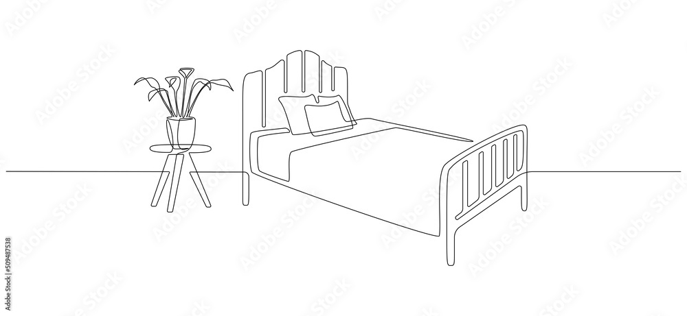 Poster continuous one line drawing of bed and table with potted plant. scandinavian stylish furniture for c