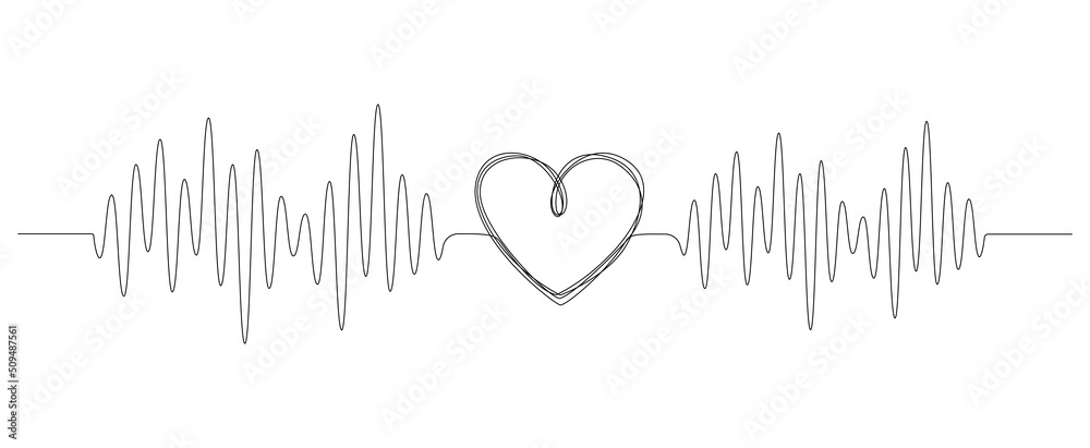 Poster One continuous line drawing of doodle heart with pulse. Sound wave romantic symbol in simple linear style. Divider shape with Editable stroke. Scribble heartbeat vector illustration
