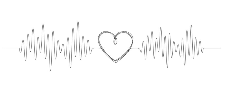 One continuous line drawing of doodle heart with pulse. Sound wave romantic symbol in simple linear style. Divider shape with Editable stroke. Scribble heartbeat vector illustration