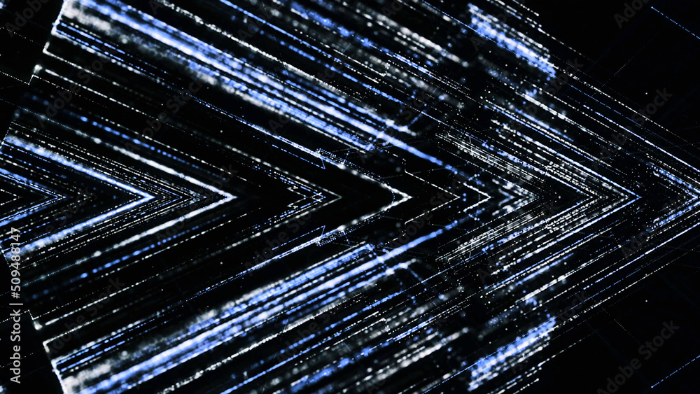 Poster shining lines move in shape of arrow. animation. shining cyberspace lines form angle. lines move in 