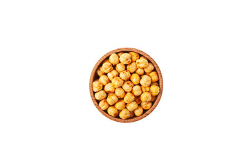 Roasted Chickpeas in wooden serving plate on white background, top view. Turkish healthy snack