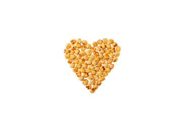 Roasted Chickpeas in heart shape on white background. Design element, template background or screensaver for cooking books.  Turkish healthy snack