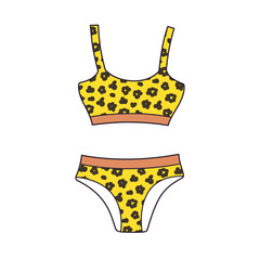 Fashionable luxury woman sports top lingerie bra and panties or two piece bikini swimsuit with leopard skin fur camouflage pattern isolated cartoon vector