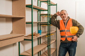 Contractor leaning on the rack after supervising the safety of the construction site and facilities of a store with his hard hat in hand showing joy for the work.