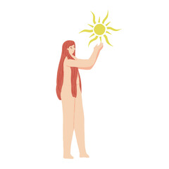 Obraz na płótnie Canvas Celestial lady with red hair holding a sun in her hands. Powerful woman, feminine energy concept.