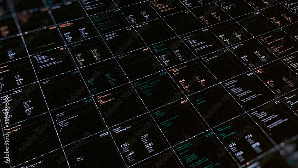 Poster cells with digital data. animation. spreadsheet with digital dates arranged in cells on dark backgro