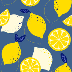 Trendy seamless pattern with whole lemons and sliced lemons
