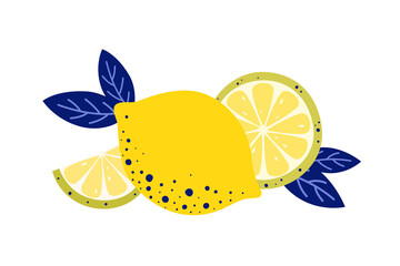 Lemon fruits. Whole and sliced fruits in cartoon style. Flat illustration.