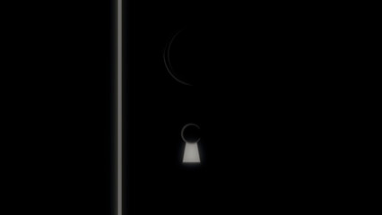 Abstract animation of mysterious door and key in keyhole closing the door in the dark room. Animation. Concept of access